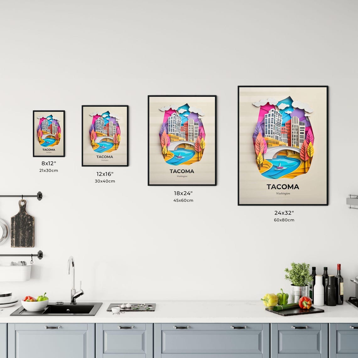 Vivid Tacoma Washington A Paper Cut Of A City With A Boat Fine Art Print Customizable - Image 3