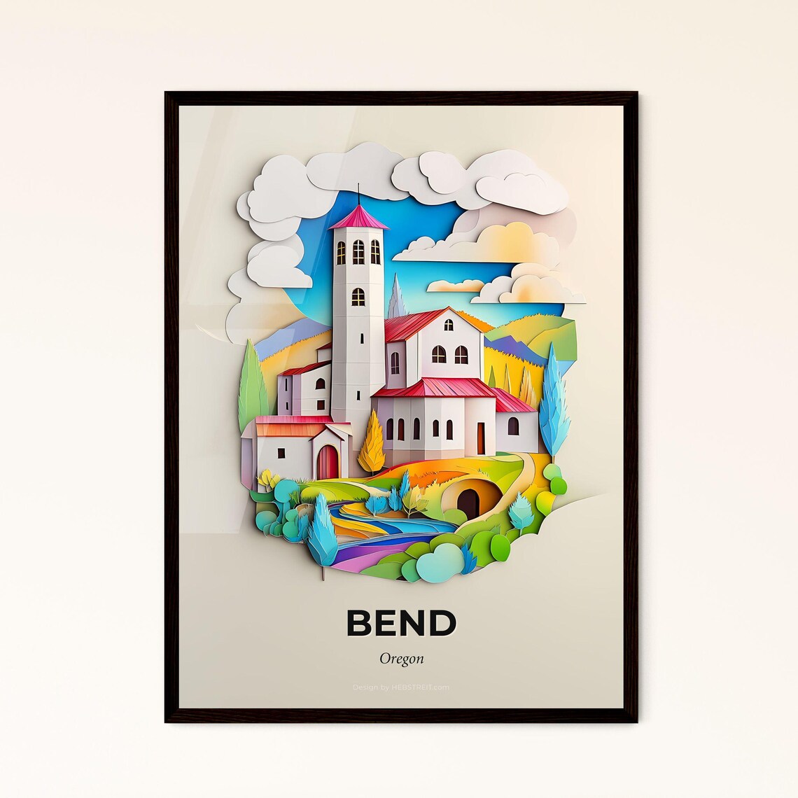Colorful Bend Oregon Paper Cut Church Town Travel Art Poster
