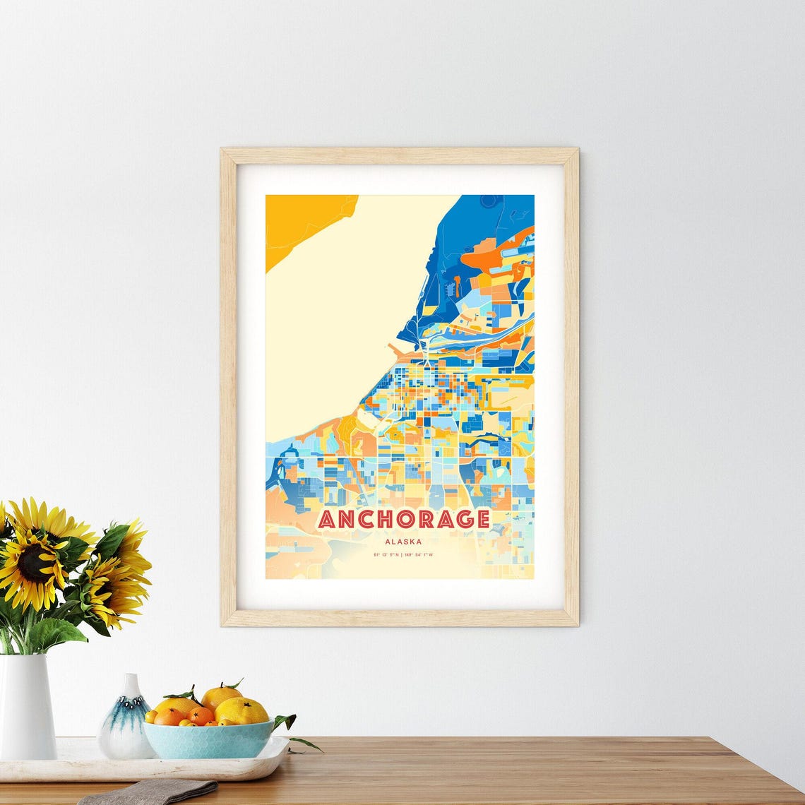 Anchorage Alaska Colorful City Map Art Poster Blue Orange Inlet Design - Image 2