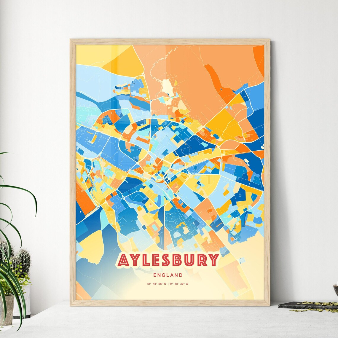 Aylesbury England Colorful Blue and Orange Retro City Street Map Wall Art