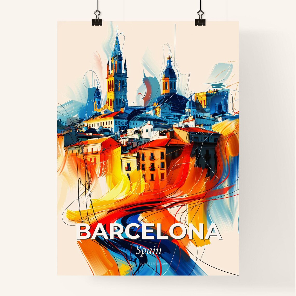Barcelona Spain Vibrant Watercolor Skyline City Travel Poster - Image 4