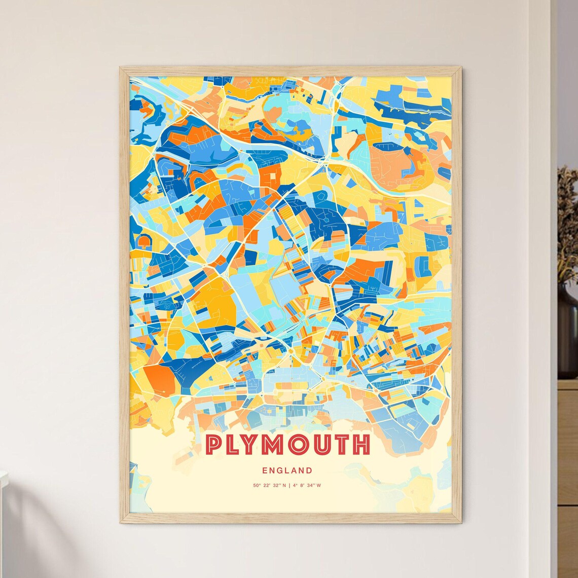 Plymouth England Colorful Blue Orange Modern City Street Map Poster