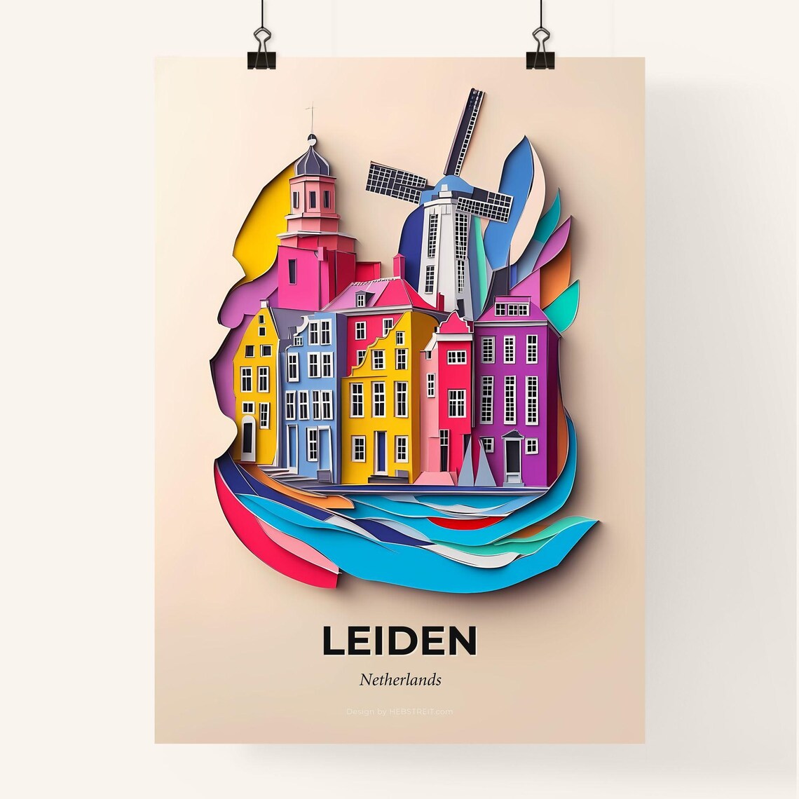 Leiden Netherlands Colorful Paper Cut Windmill Canal Travel Poster - Image 4