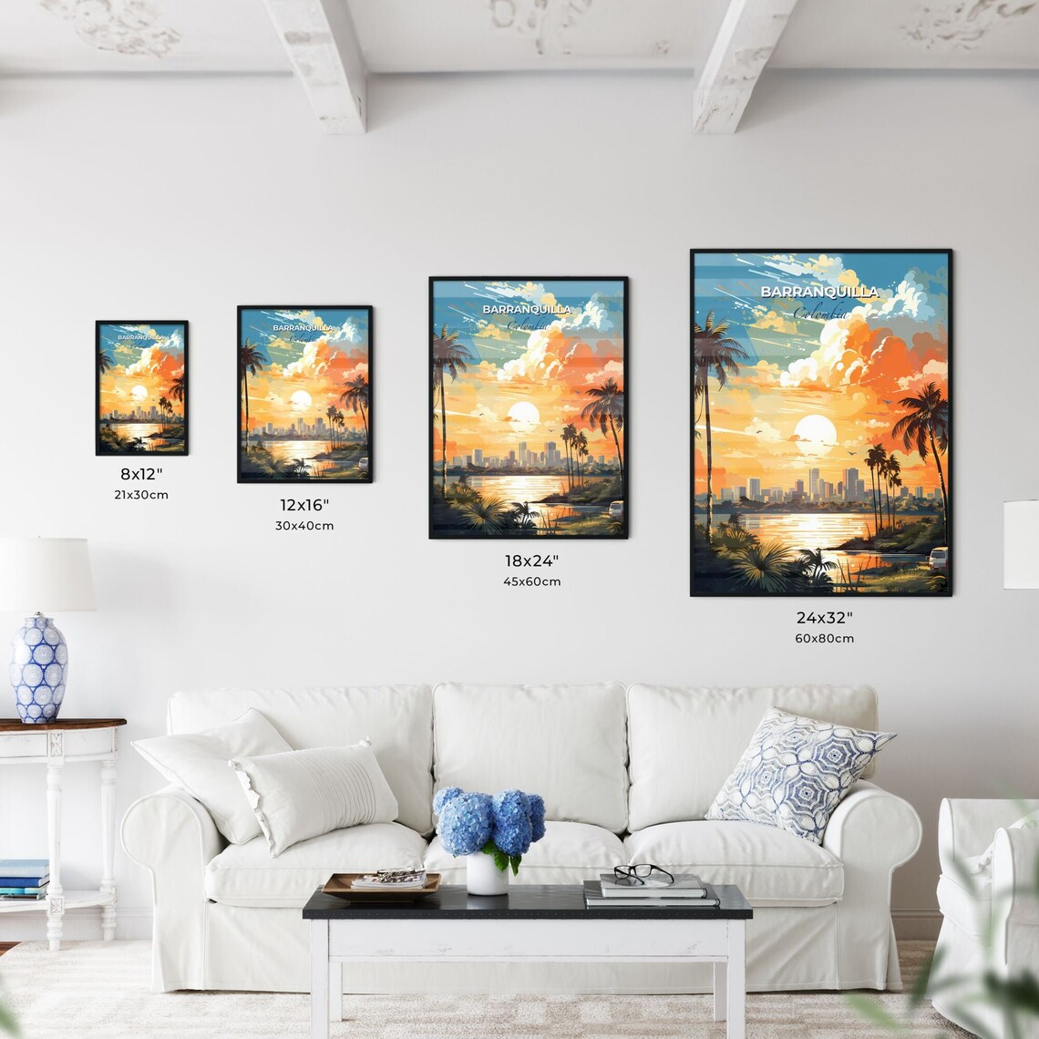 Barranquilla Colombia Sunset Palms Skyline Tropical Travel Poster - Image 3