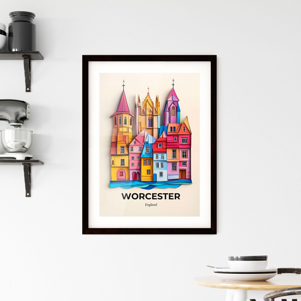 Worcester England Cathedral Colorful Town Vivid Paper Cut Poster - Image 2