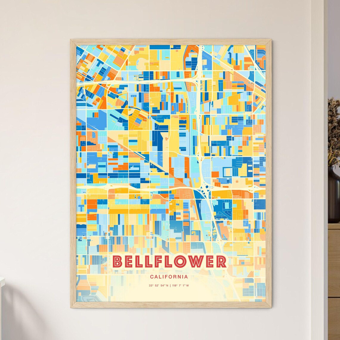 Colorful Blue and Orange Bellflower California Street Map Art City Poster - Image 3