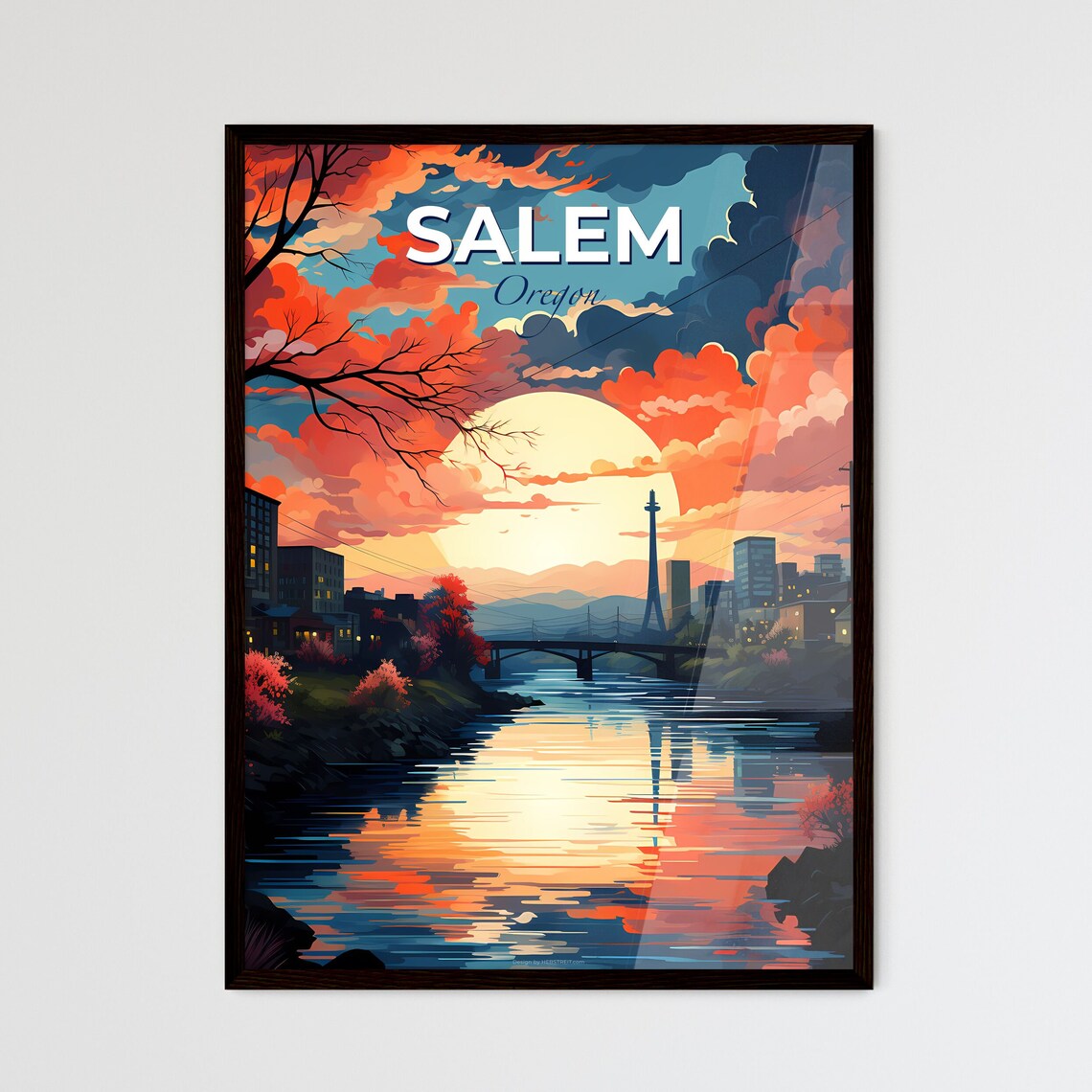 Salem Oregon Sunset River Bridge Skyline Vintage Travel Poster