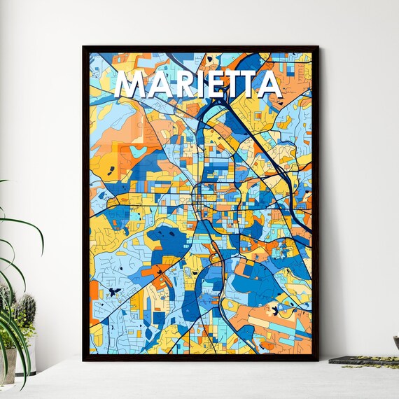 Marietta Georgia Vibrant Stylized Blue and Orange City Map Poster