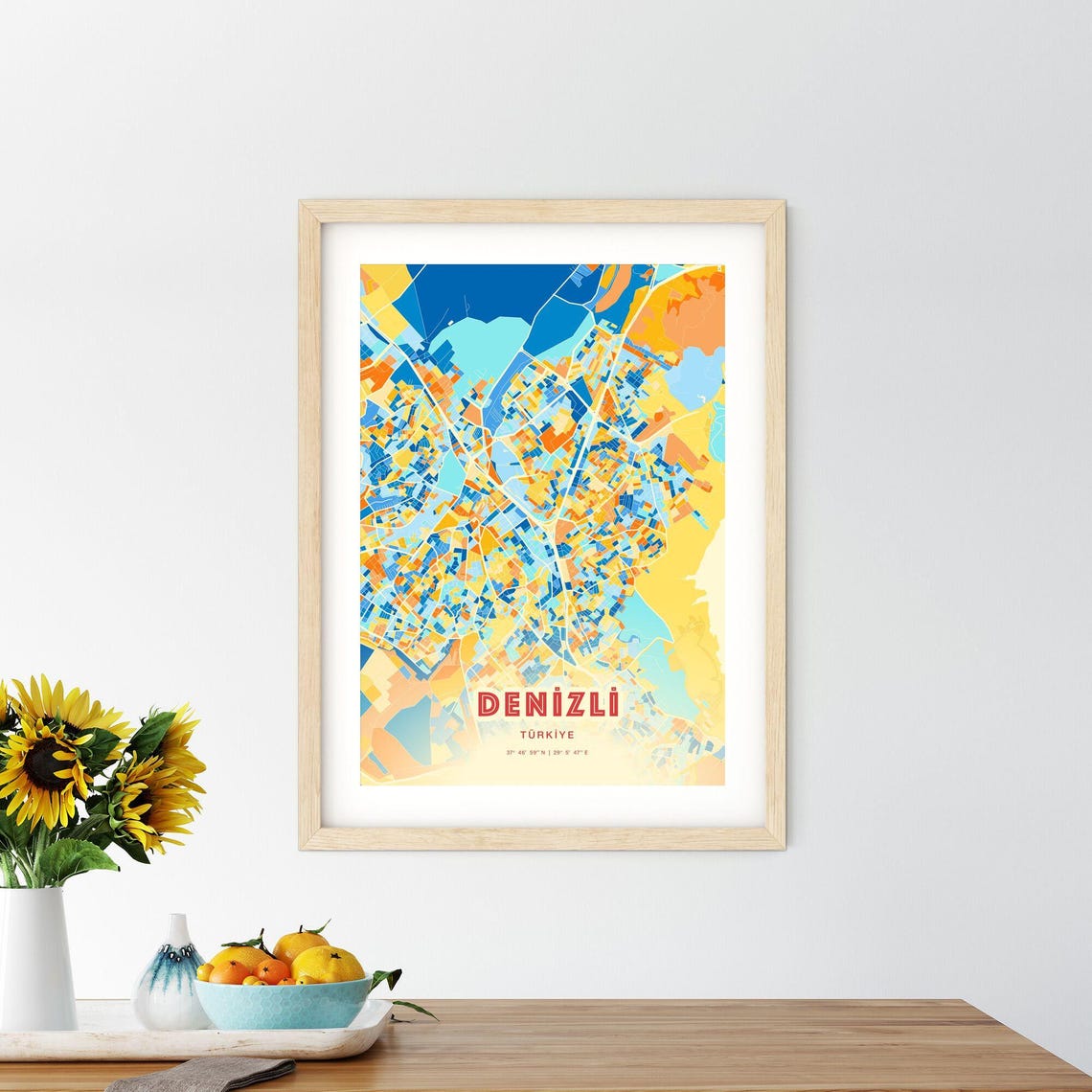 Denizli Turkey Colorful Blue Orange Abstract City Map Art Poster - Image 2