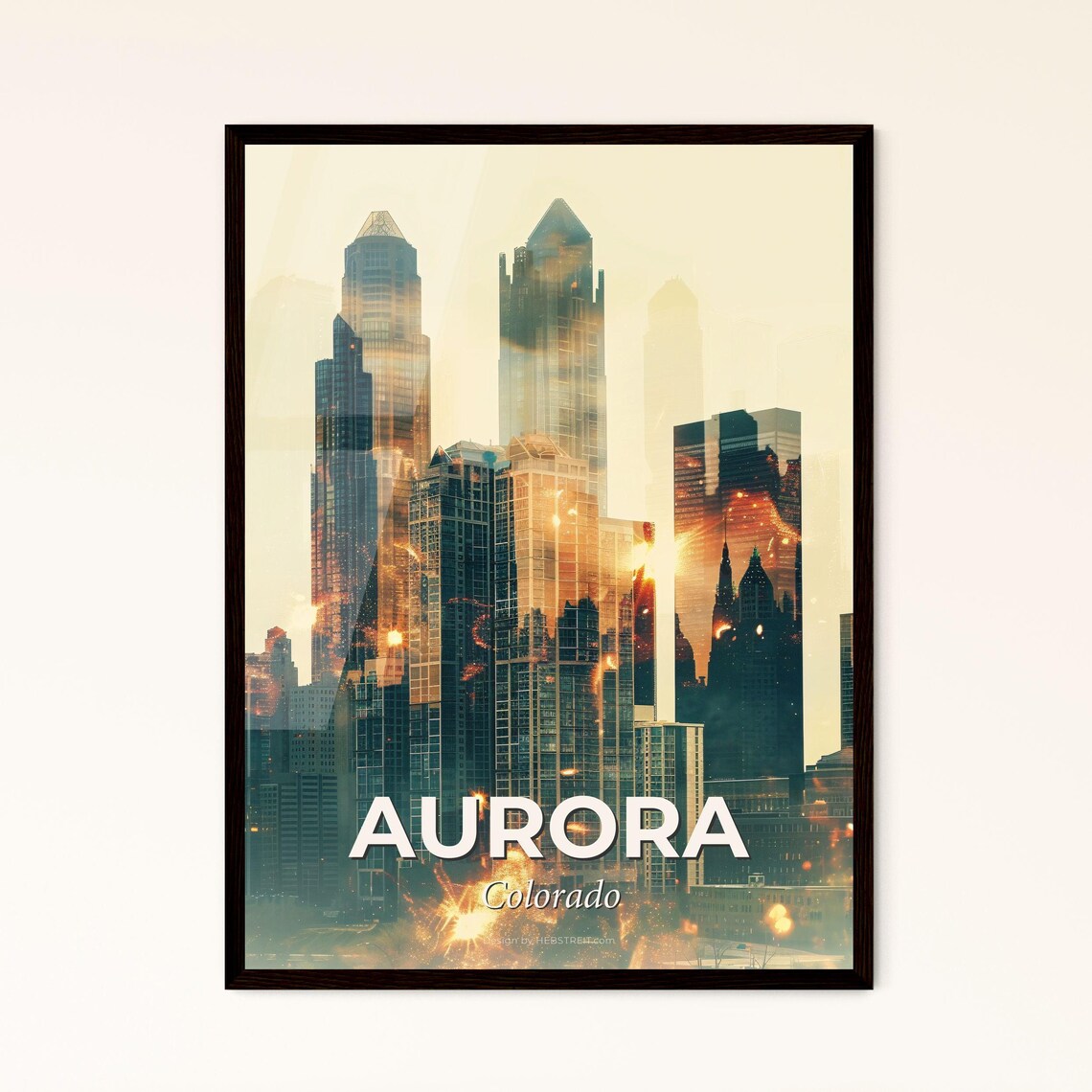 Aurora Colorado Downtown Skyline Golden Double Exposure Poster