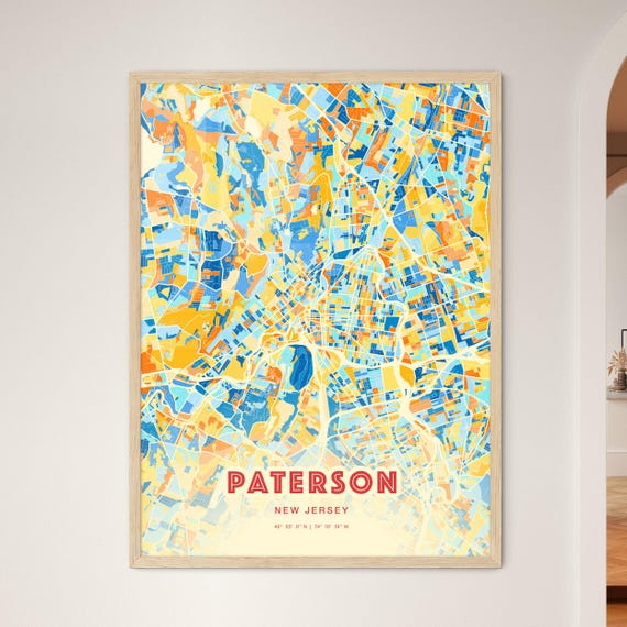 Colorful Paterson New Jersey Blue Orange Fine Art Print Paterson Usa City Map Customizable Poster Print Personalized Gift