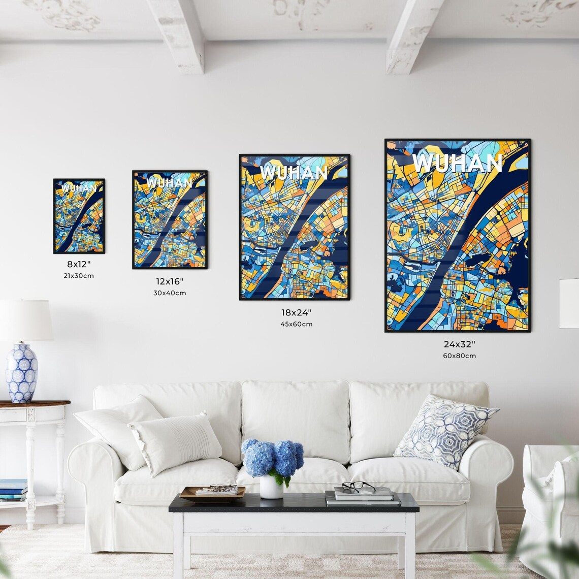 Wuhan China Blue Orange City Map Poster Bold Modern Street Grid Art - Image 3