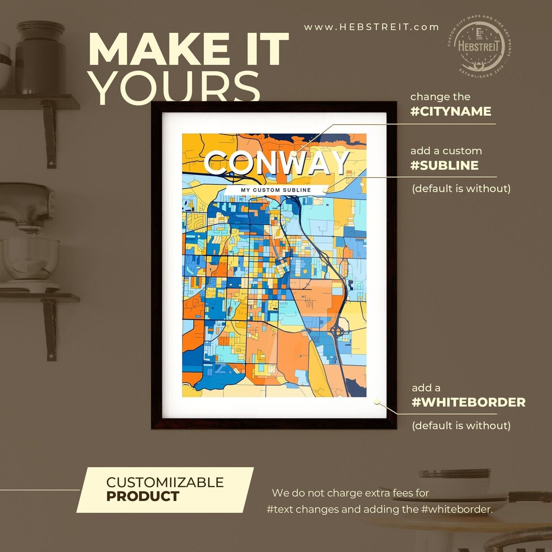 Conway Arkansas Vibrant Stylized Blue and Orange City Map Poster - Image 2