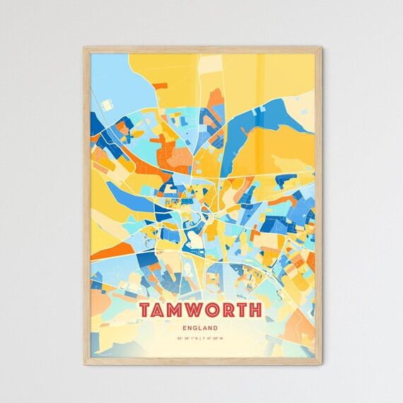 Tamworth England Colorful Blue and Orange Retro City Street Map Wall Art