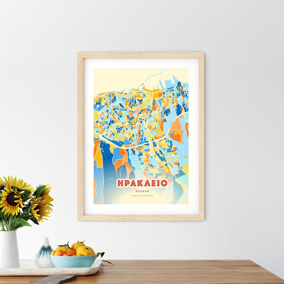 Heraklion Crete Greece Colorful Blue Orange City Map Art Print - Image 2