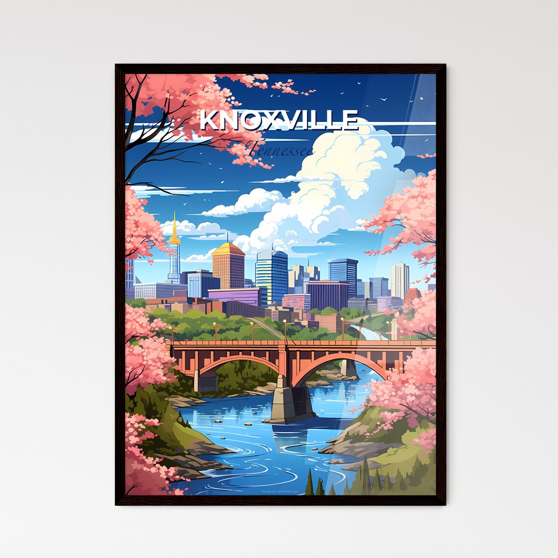 Knoxville Tennessee Skyline River Bridge Blossom Travel Poster
