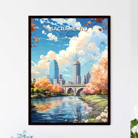 Sacramento California River Bridge Skyline Blossom Travel Poster