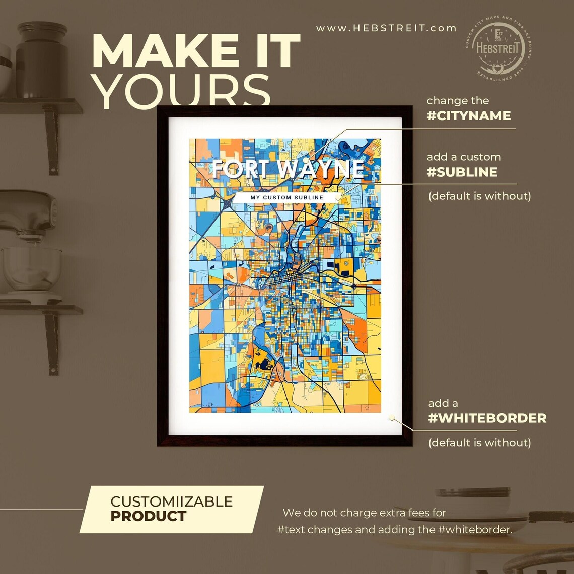 Fort Wayne Indiana Colorful Modern City Street Map Artwork Poster - Image 2