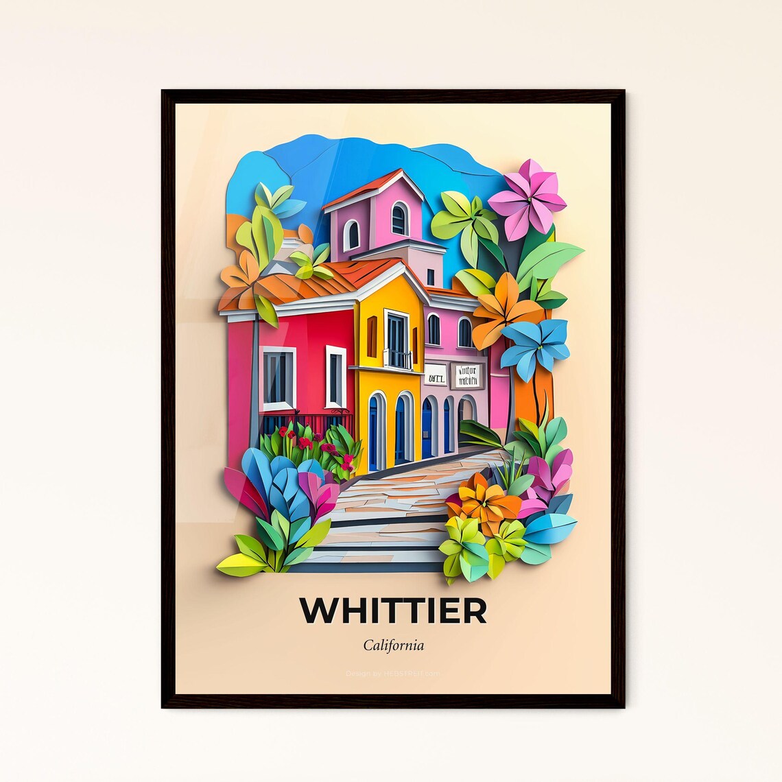Whittier California Colorful Paper Cut Floral Street Travel Poster