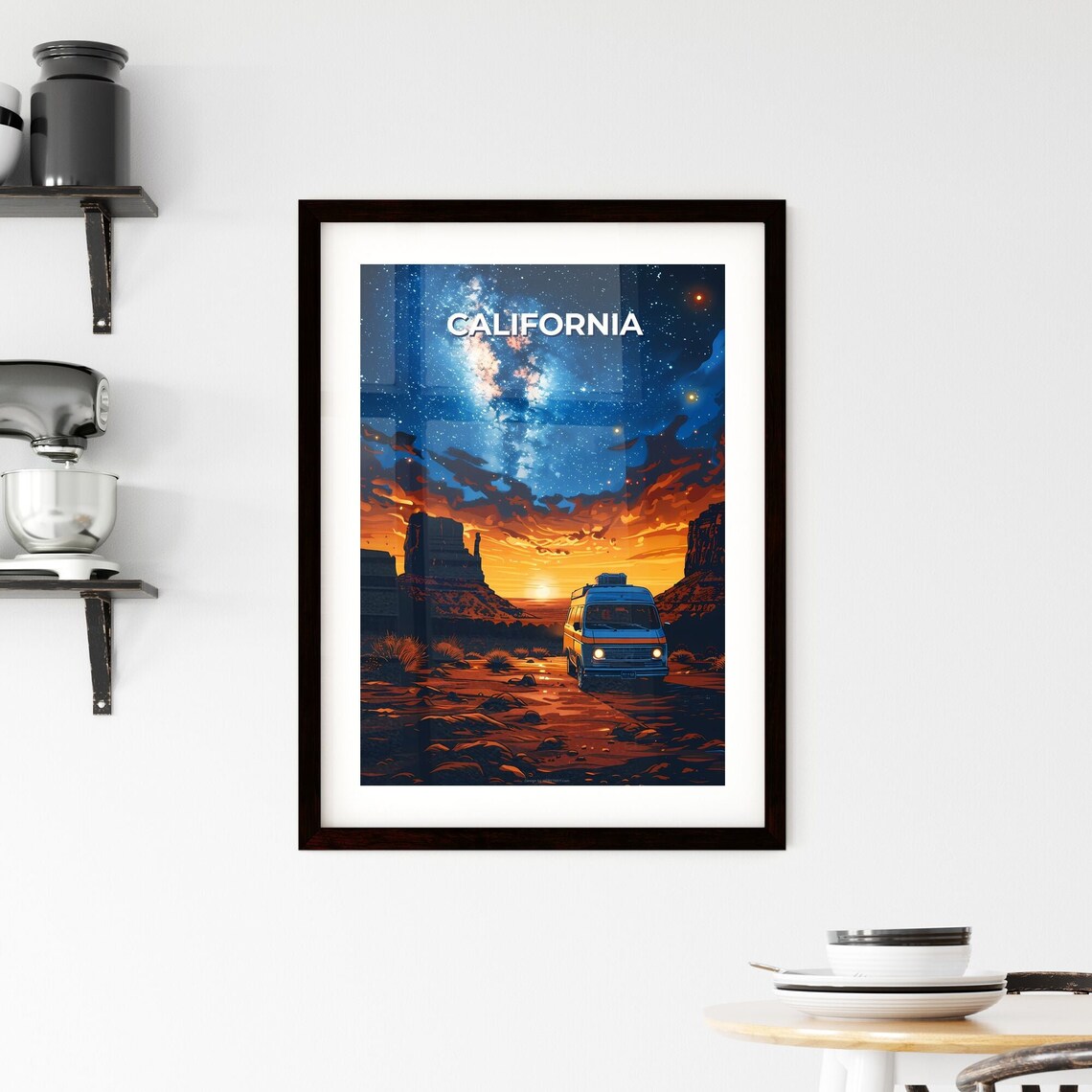 California Desert Sunset Camper Van Milky Way Night Art Poster - Image 2