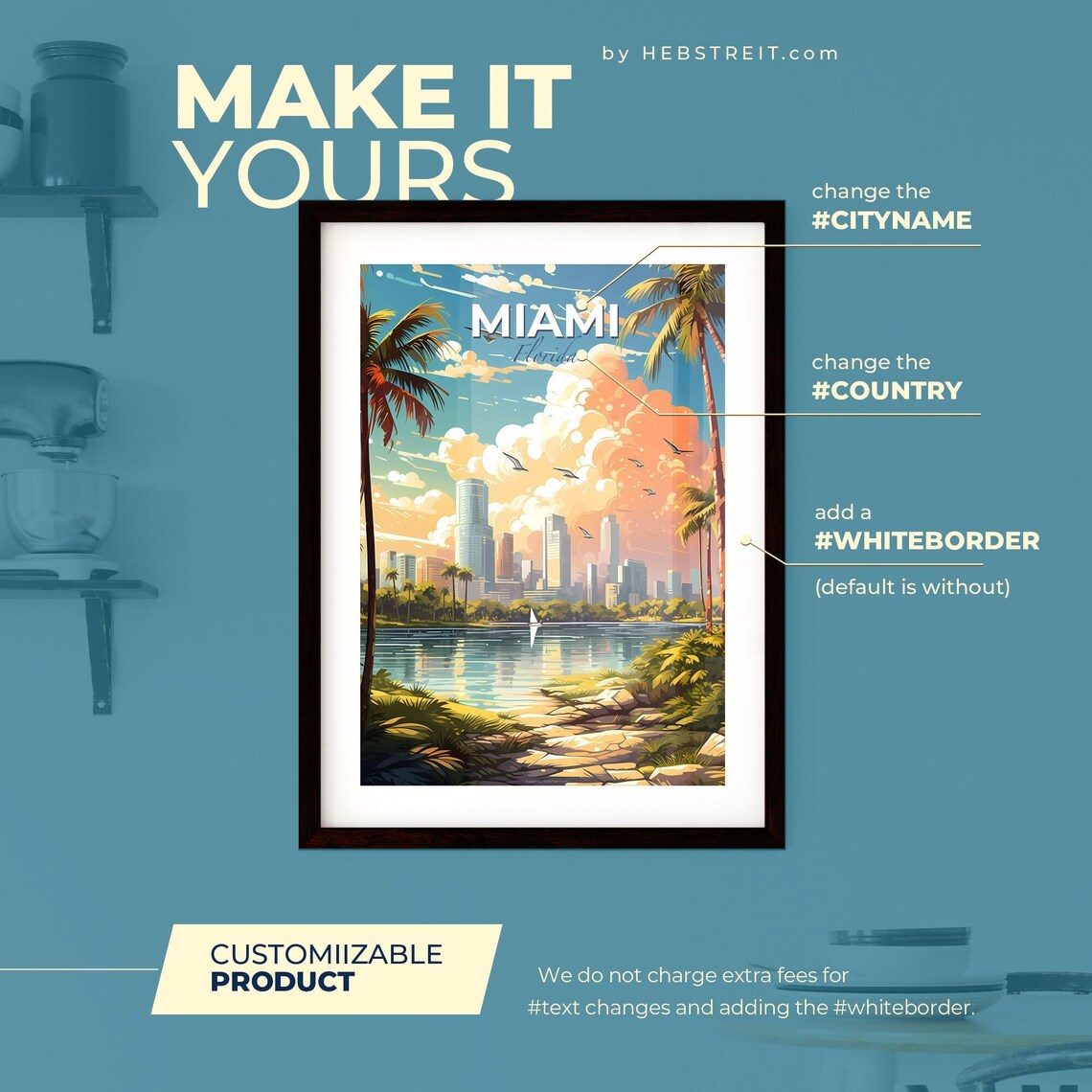 Miami Florida Vintage Travel Skyline Palm Trees Waterfront Poster - Image 2