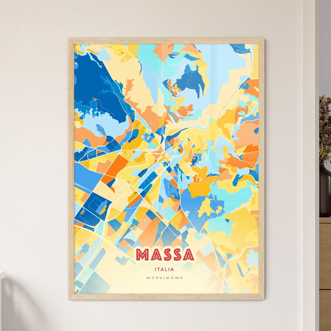 Massa Italy Colorful Blue and Orange Retro City Street Map Wall Art