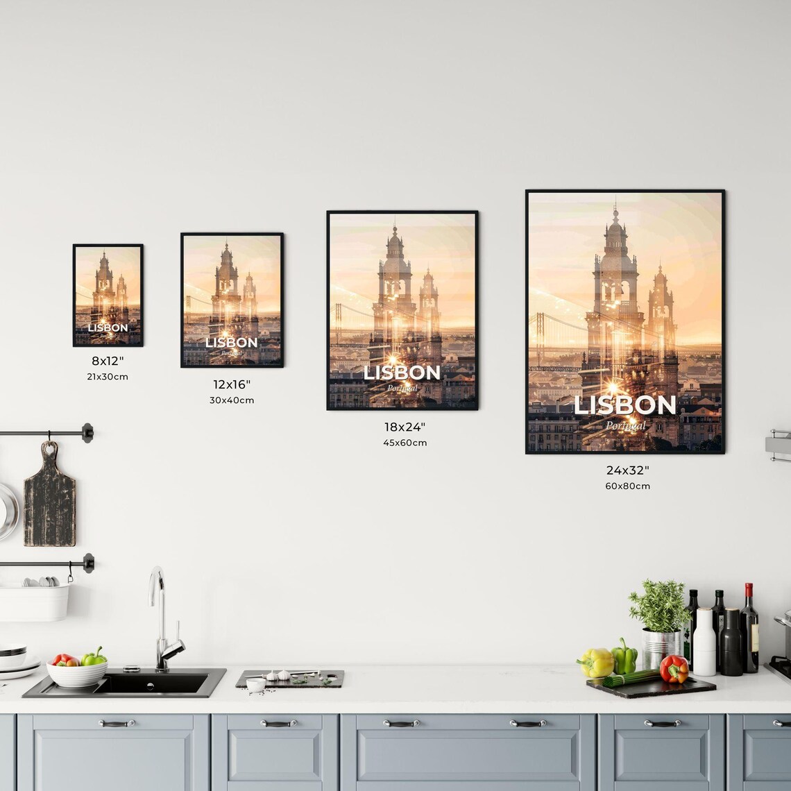 Lisbon Portugal River Bridge Cathedral Golden Skyline Poster - Image 3