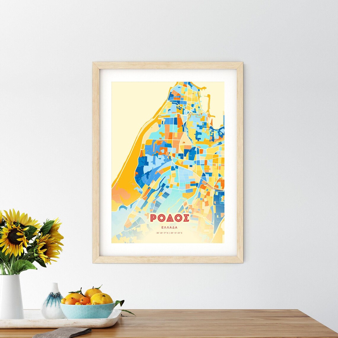 Rhodes Greece Island Modern Colorful City Map Blue Orange Poster - Image 2