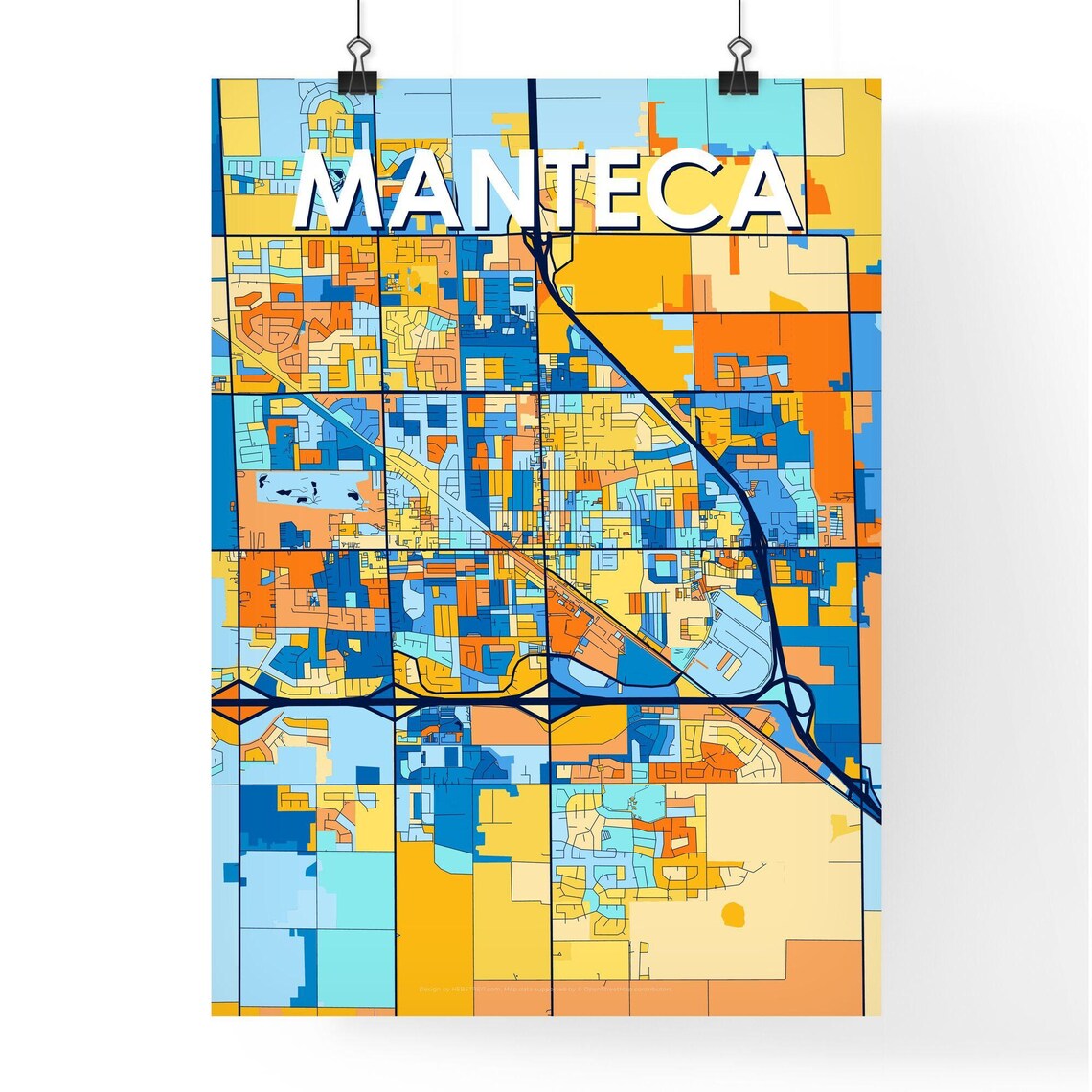 Manteca California Vibrant Blue Orange Mosaic City Street Map Poster - Image 4