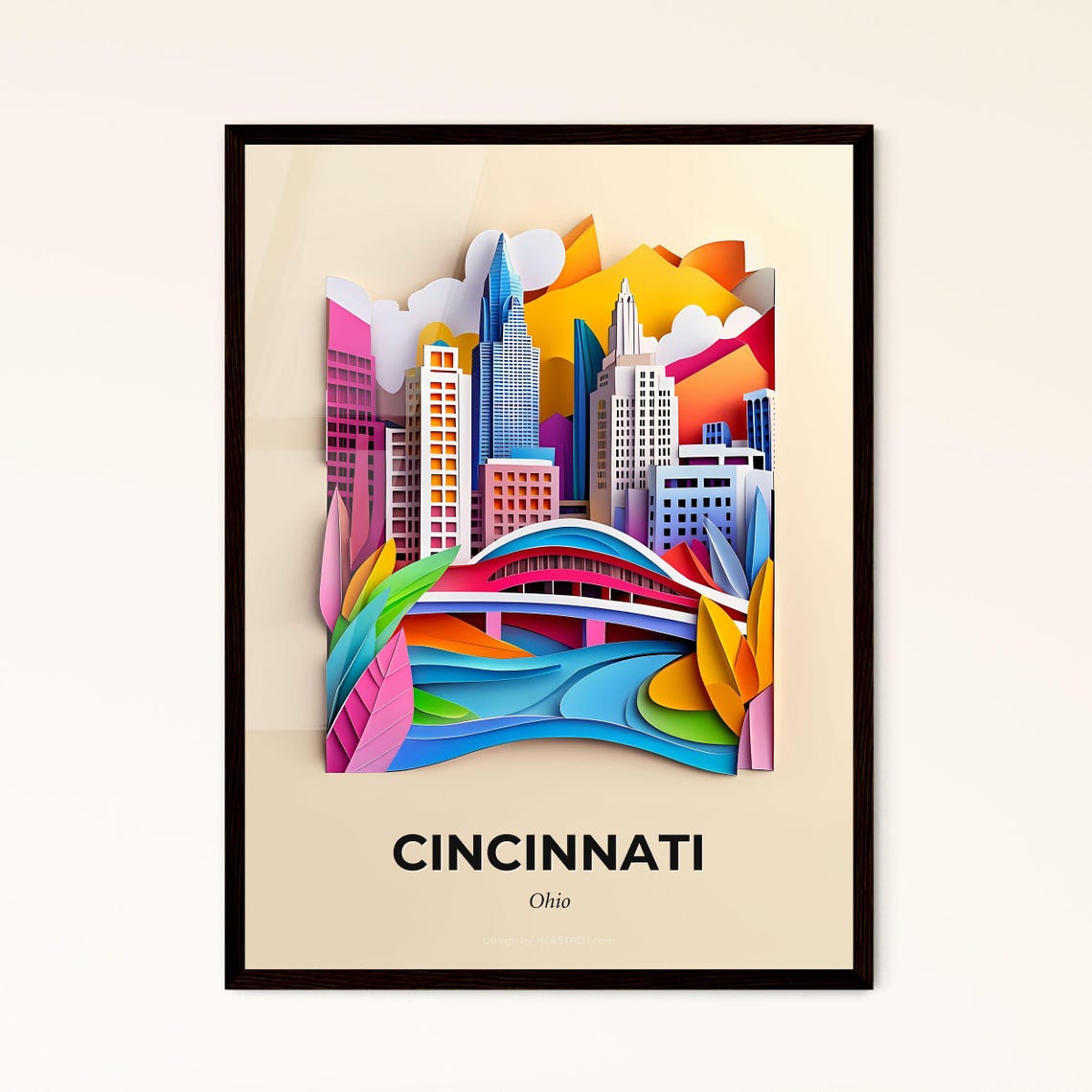 Cincinnati Ohio Colorful Paper Cut Bridge River Skyline Poster