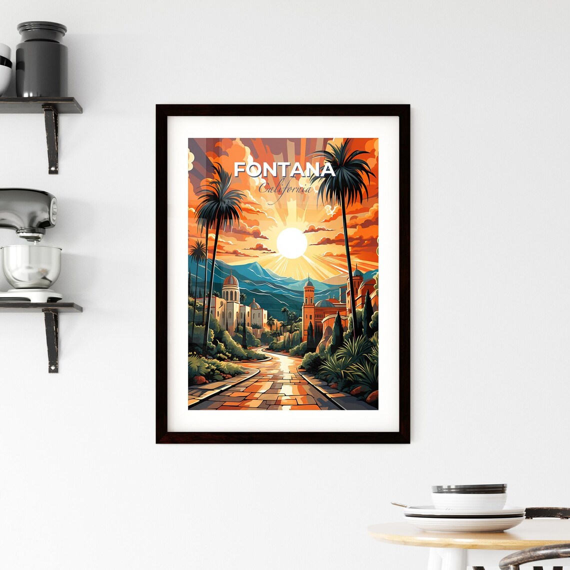 Fontana California Sunburst Sunrise Palm Mission Style Poster - Image 2