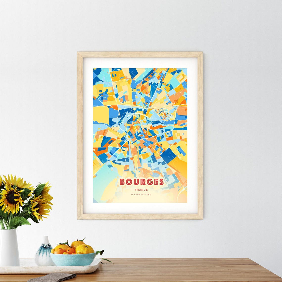 Bourges France Modern Geometric Blue Orange City Map Art Poster - Image 2
