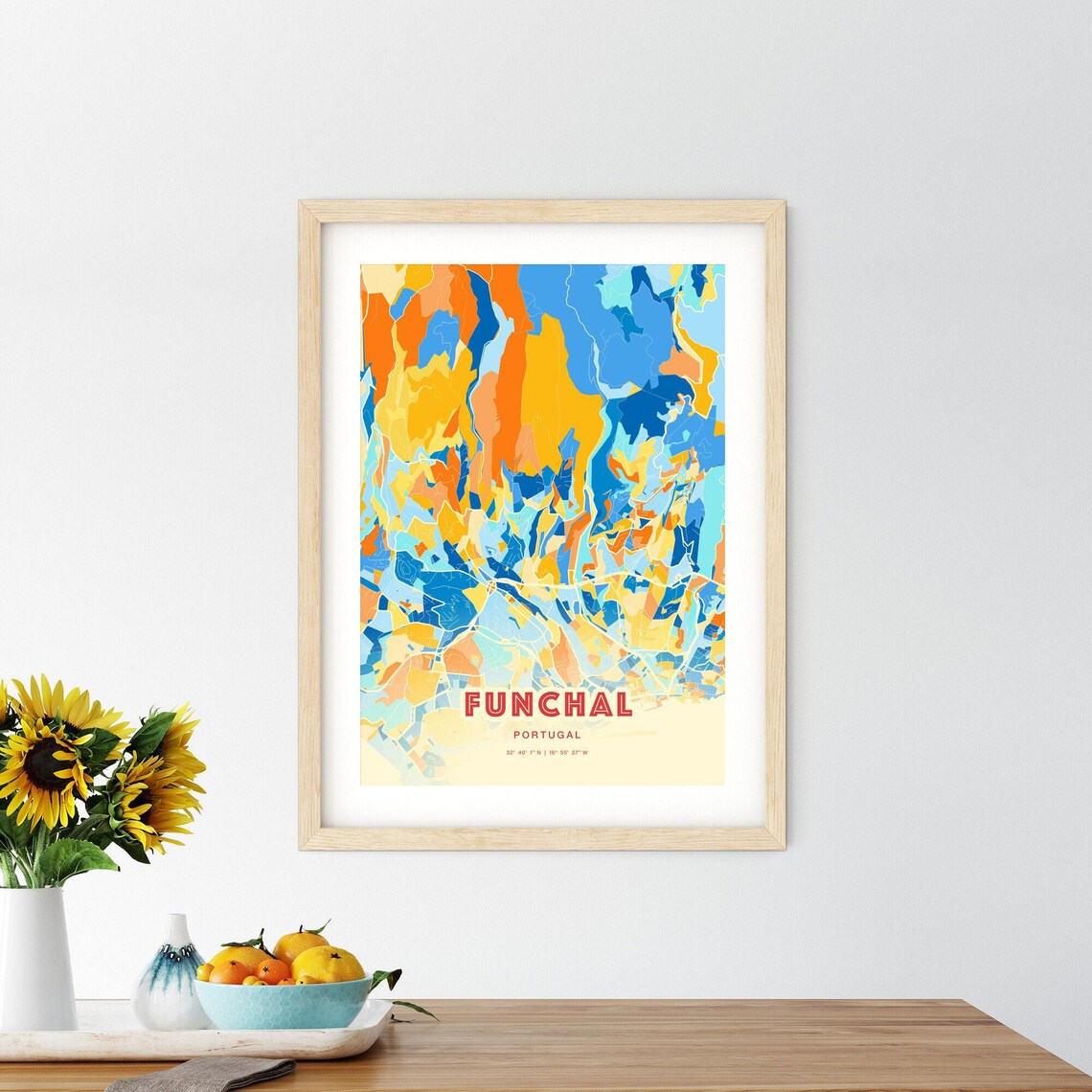 Funchal Portugal Blue Orange Island Hills City Map Art Poster - Image 2