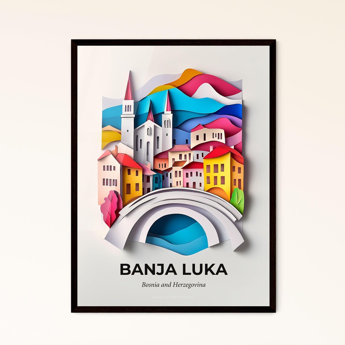 Banja Luka Bosnia Church Bridge Colorful Paper Cut Art Poster