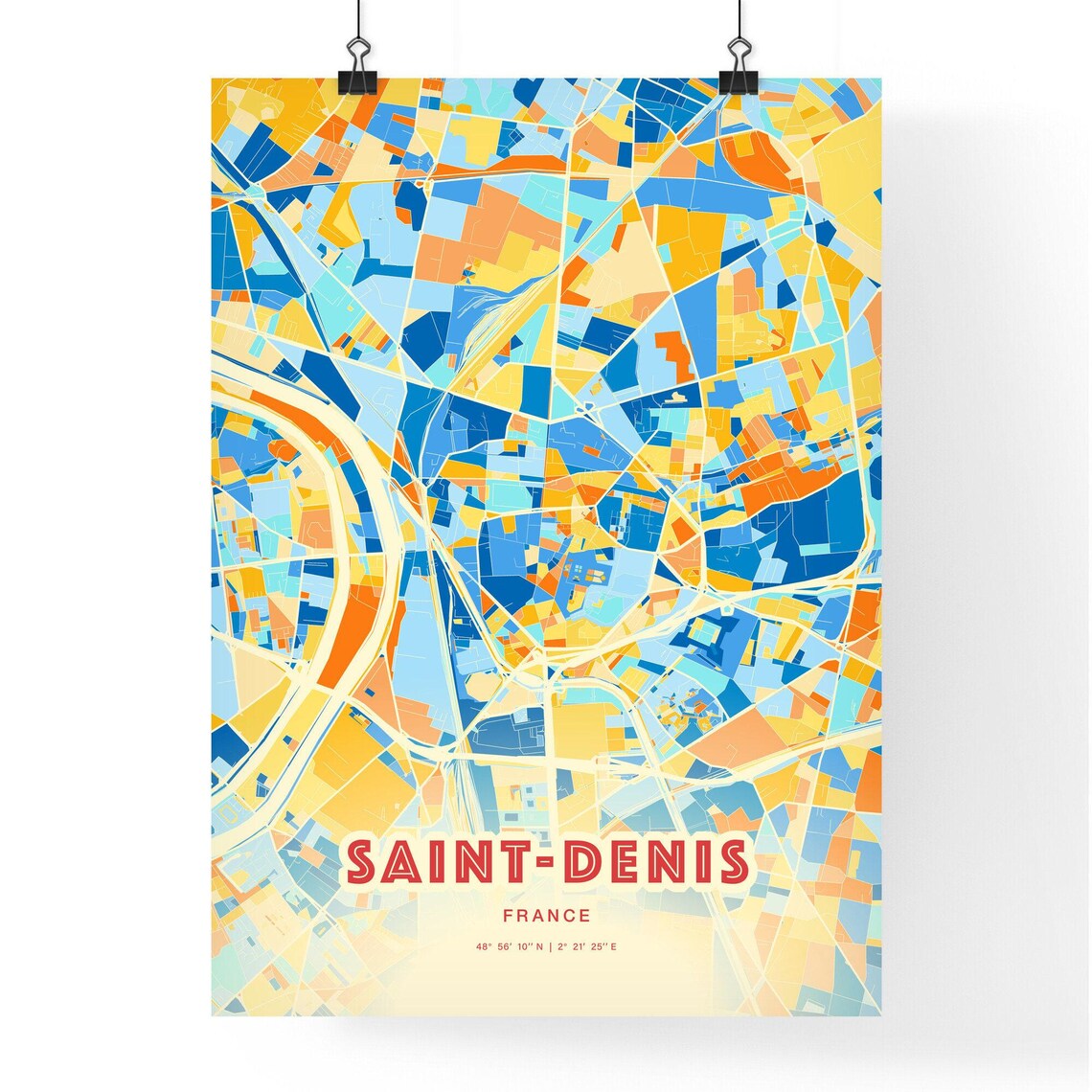 Saint Denis France Colorful Blue and Orange Retro City Street Map Wall Art - Image 3