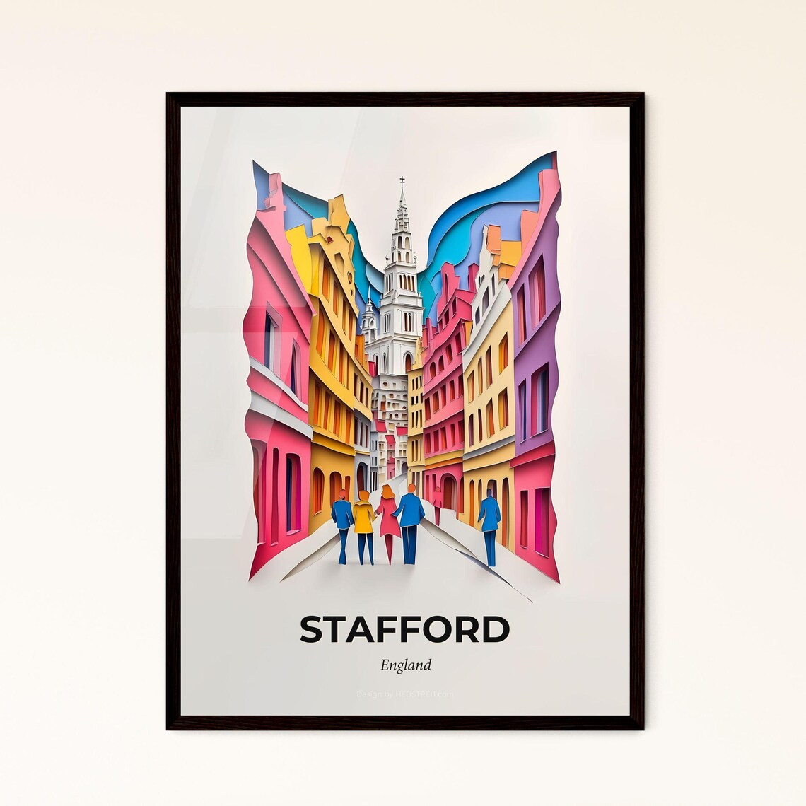 Stafford England Historic Street Colorful Paper Cut Art Poster