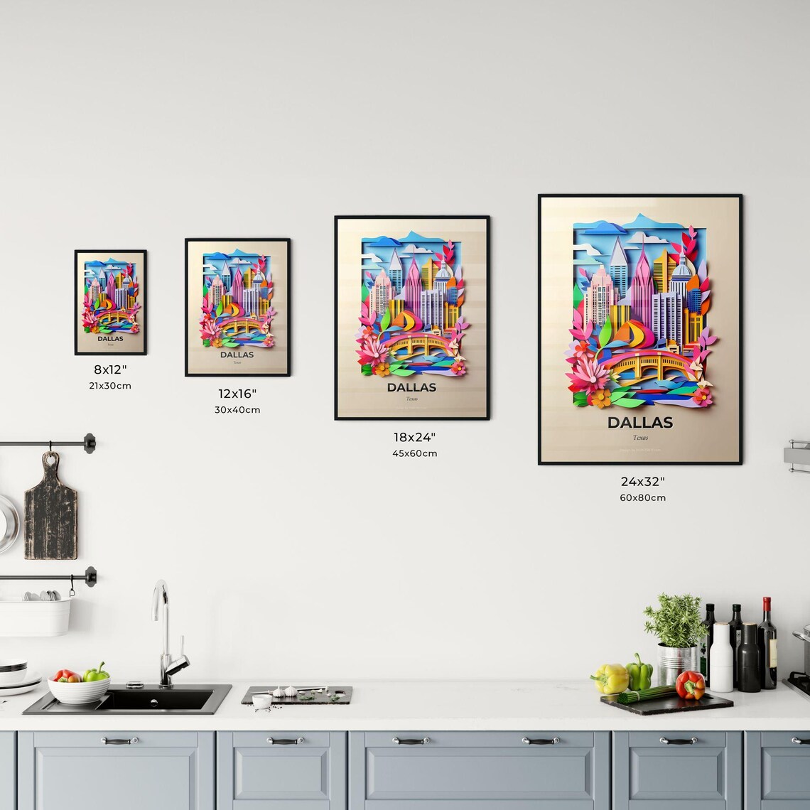 Dallas Texas Skyline Bridge Flowers Paper Cut City Travel Poster - Image 3