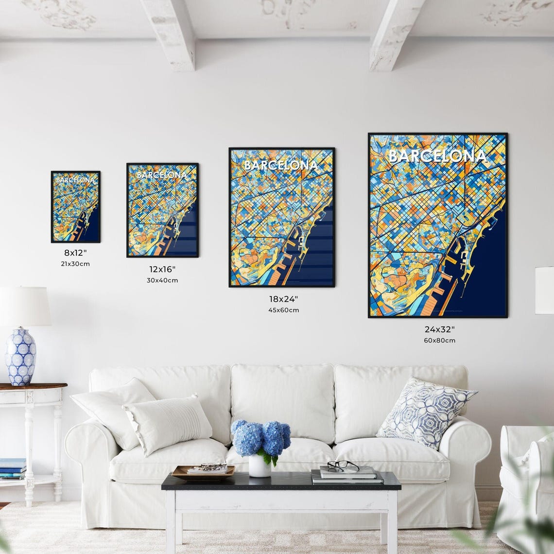 Barcelona Spain Dark Navy Modern City Map White Lettering Poster - Image 3