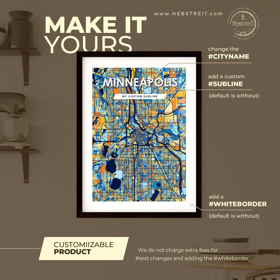 Minneapolis Minnesota City Map Art Poster Navy Blue Orange Street Blocks - Image 2
