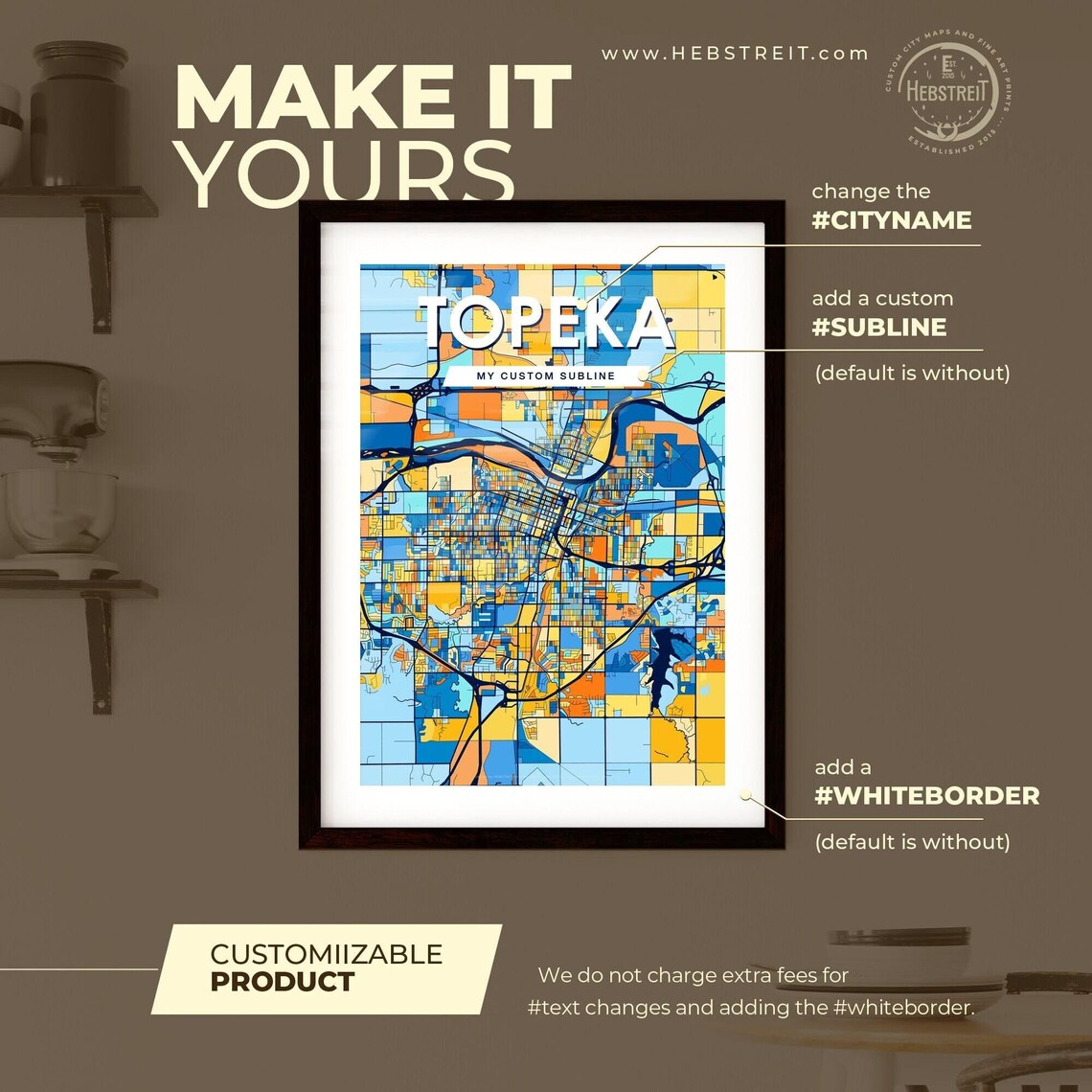 Topeka Kansas Blue Orange City Map Poster Bold Modern Street Grid Art - Image 2