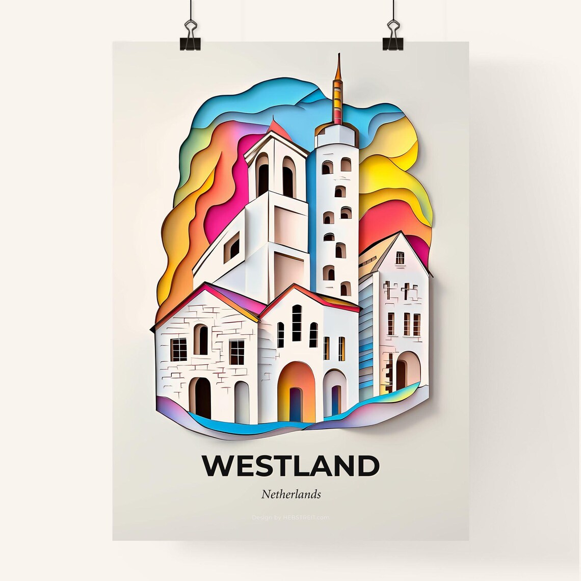 Westland Netherlands Colorful Paper Cut Church Skyline Travel Poster - Image 4