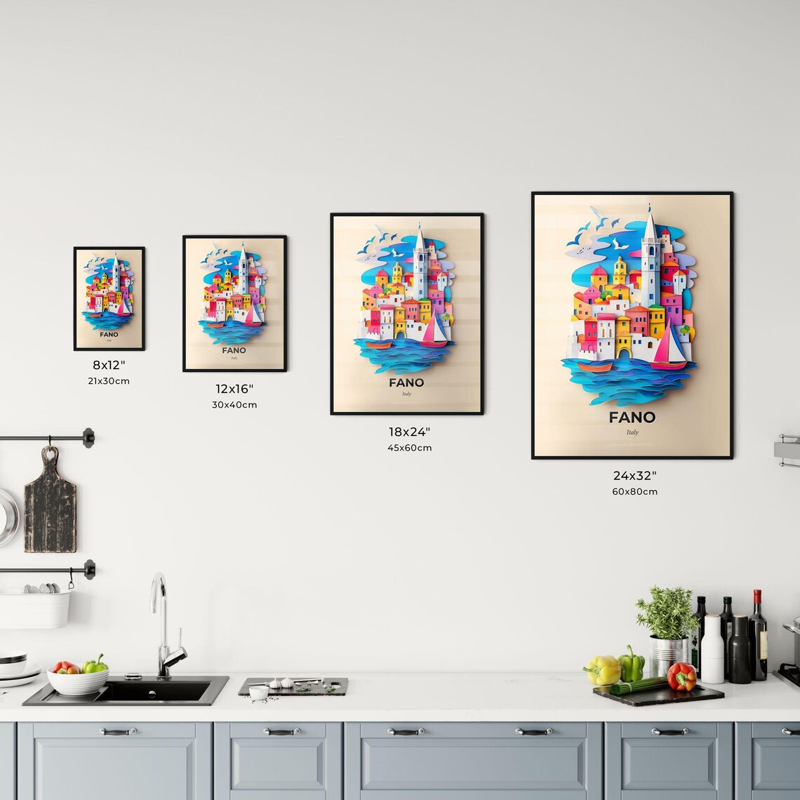 Fano Italy Seaside Towers And Sailboats Paper Cut Travel Poster - Image 3