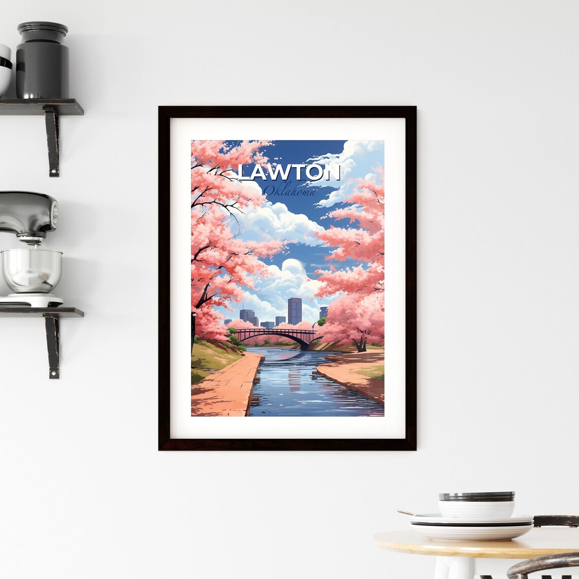 Lawton Oklahoma Cherry Blossom River Bridge Spring Travel Poster - Image 2