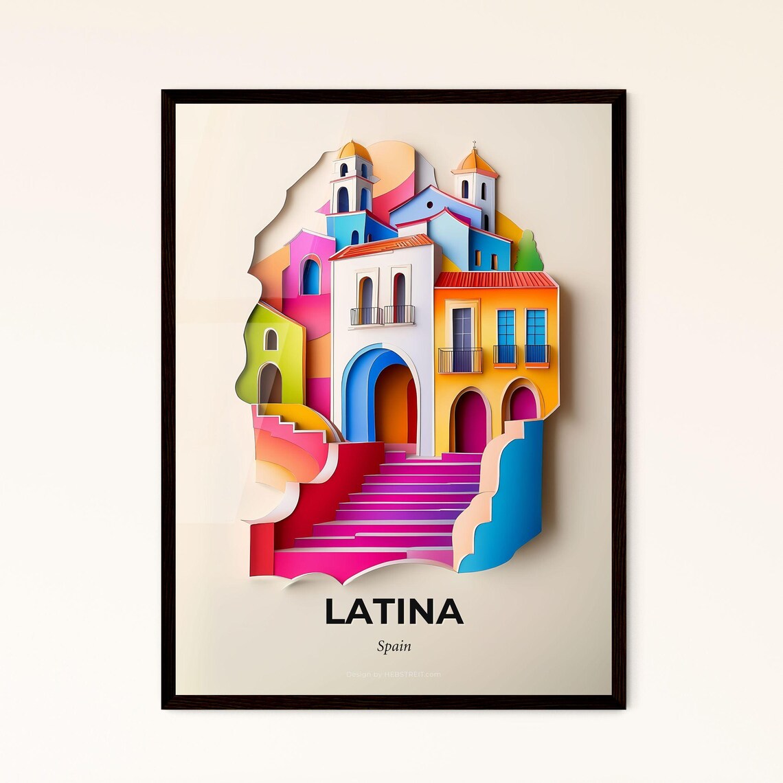 Latina Spain Colorful Staircase Papercut Old Town Travel Poster