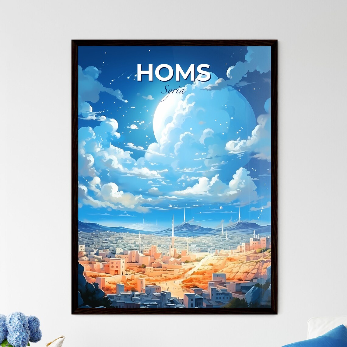Homs Syria Travel Poster Moonlit Night Minarets Desert Hills Illustration