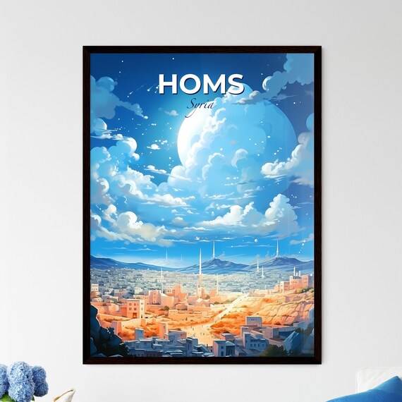Homs Syria Travel Poster Moonlit Night Minarets Desert Hills Illustration