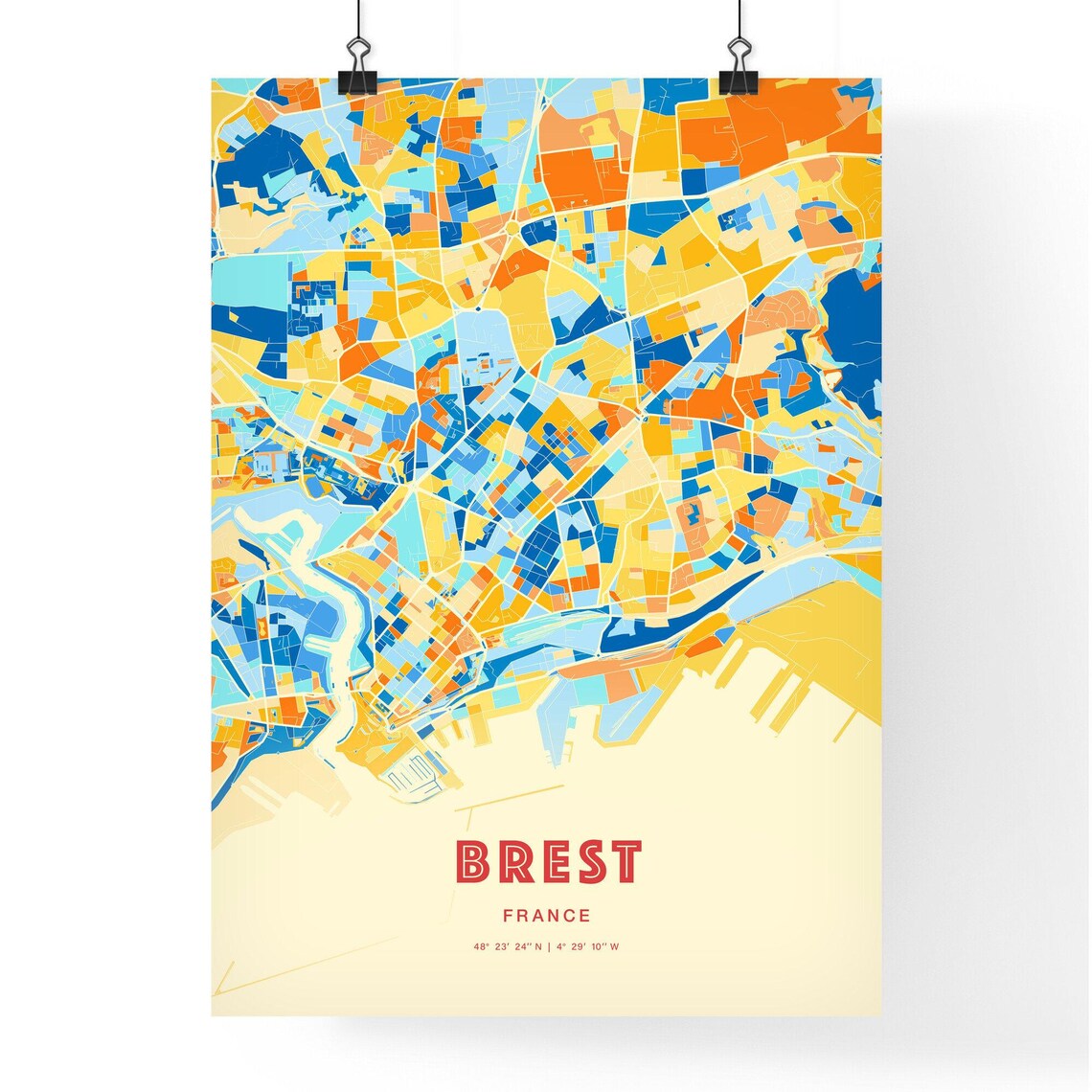 Brest France Colorful Blue Orange Coastal City Map Art Print - Image 3