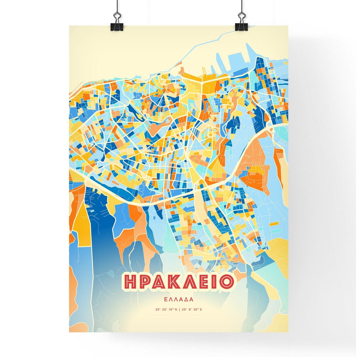 Heraklion Crete Greece Colorful Blue Orange City Map Art Print - Image 3