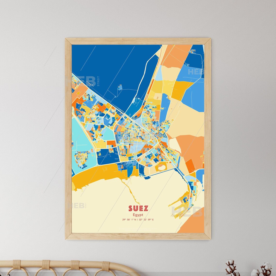 Suez Egypt City Map Blue Orange Modern Cartography Art Poster - Image 3