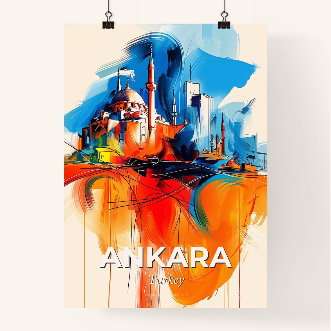 Ankara Turkey Vibrant Watercolor Mosque Cityscape Art Poster - Image 4